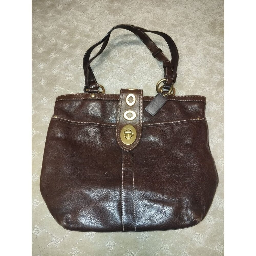 Coach Legacy Tote Bag Brown Leather Turnlock Brass Hardware Striped Lining Y2K